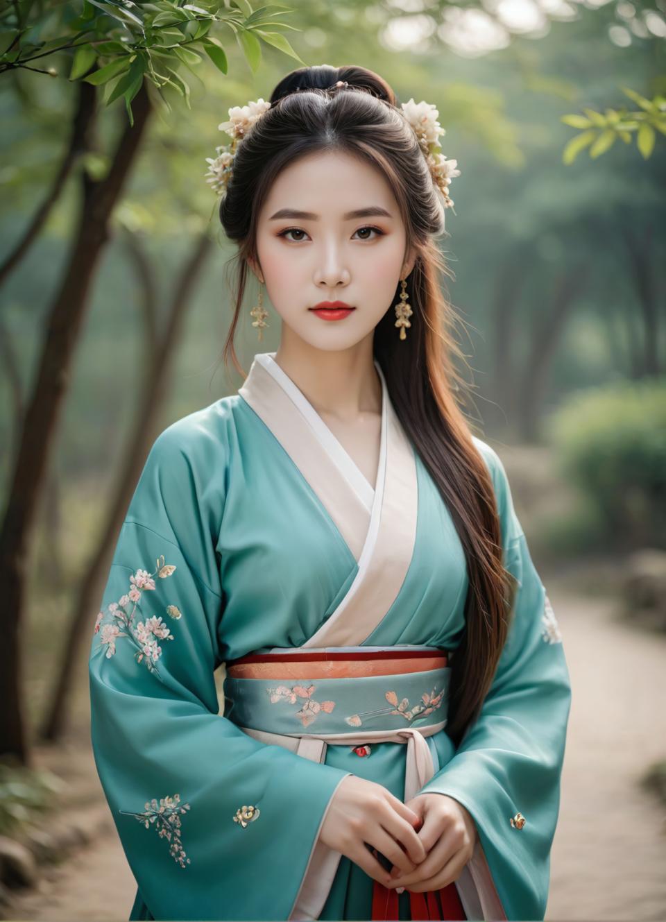 Face Swap, Chinese Hanfu, Photographic Art , People, woman, hanfu style, 1girl, solo, earrings, jewelry, long hair, blurry background, hair ornament, looking at viewer, flower, outdoors, sash, blurry, hair flower, red lips, realistic, black hair, upper body, chinese clothes, brown hair, day, ponytail, long sleeves, tree, wide sleeves, own hands together, hanfu