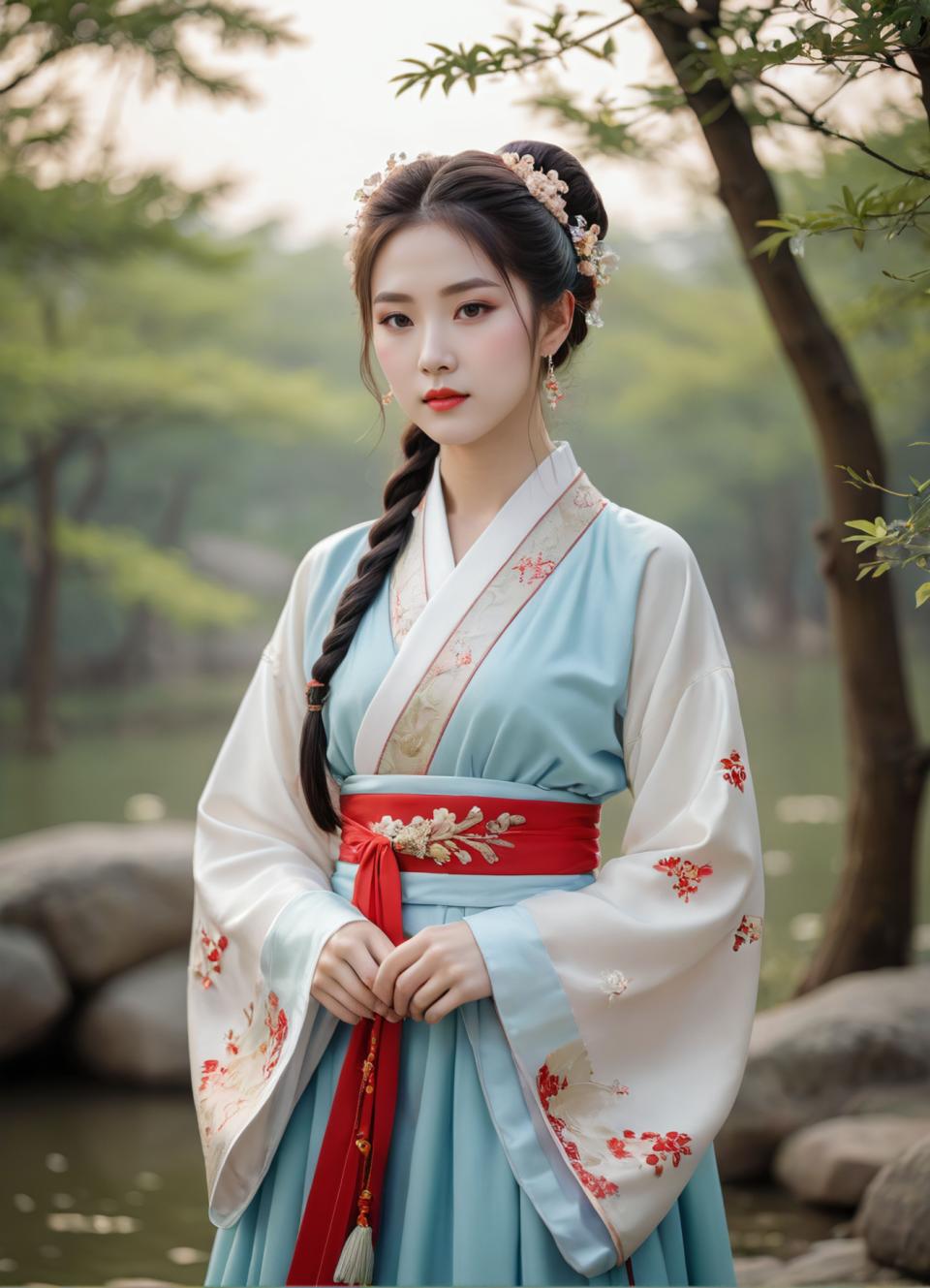 Face Swap, Chinese Hanfu, Photographic Art , People, woman, hanfu style, 1girl, solo, braid, jewelry, earrings, hair ornament, long hair, flower, outdoors, blurry background, hair flower, chinese clothes, realistic, blurry, black hair, sash, looking at viewer, long sleeves, tree, red lips, tassel, dress, hanfu, hair bun, single braid, day, korean clothes