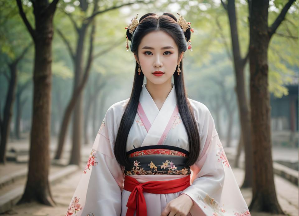 Face Swap, Chinese Hanfu, Photographic Art , People, woman, hanfu style, 1girl, solo, black hair, blurry background, earrings, jewelry, outdoors, blurry, long hair, realistic, looking at viewer, tree, hair ornament, red lips, sash, day, hanfu, black eyes, upper body, parted lips, long sleeves, floral print, chinese clothes, shawl, hair bun, wide sleeves, depth of field