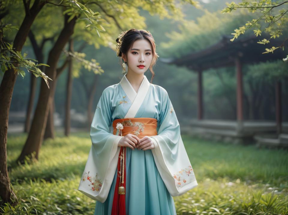 Face Swap, Chinese Hanfu, Photographic Art , People, woman, hanfu style, 1girl, solo, outdoors, tree, chinese clothes, black hair, blurry background, hair ornament, blurry, earrings, looking at viewer, jewelry, long sleeves, day, hanfu, flower, dress, wide sleeves, tassel, standing, red lips