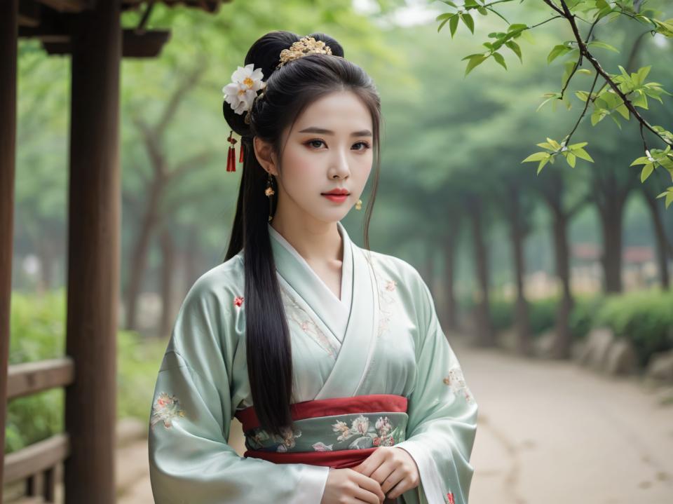 Face Swap, Chinese Hanfu, Photographic Art , People, woman, hanfu style, 1girl, solo, jewelry, earrings, blurry background, flower, black hair, hair ornament, blurry, long hair, outdoors, hair flower, realistic, chinese clothes, sash, upper body, looking at viewer, tree, day, hanfu, hair bun, long sleeves, depth of field, red lips, own hands together, lips, black eyes