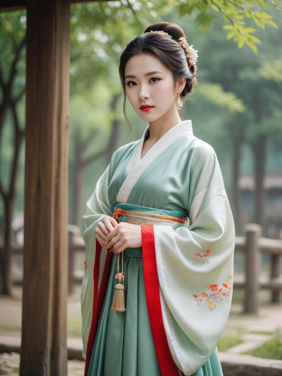 Face Swap, Chinese Hanfu, Photographic Art , People, woman, hanfu style, 1girl, solo, outdoors, blurry, blurry background, black hair, hanfu, chinese clothes, hair bun, earrings, jewelry, wide sleeves, hair ornament, tree, looking at viewer, day, single hair bun, red lips, standing, long sleeves, realistic, brown eyes