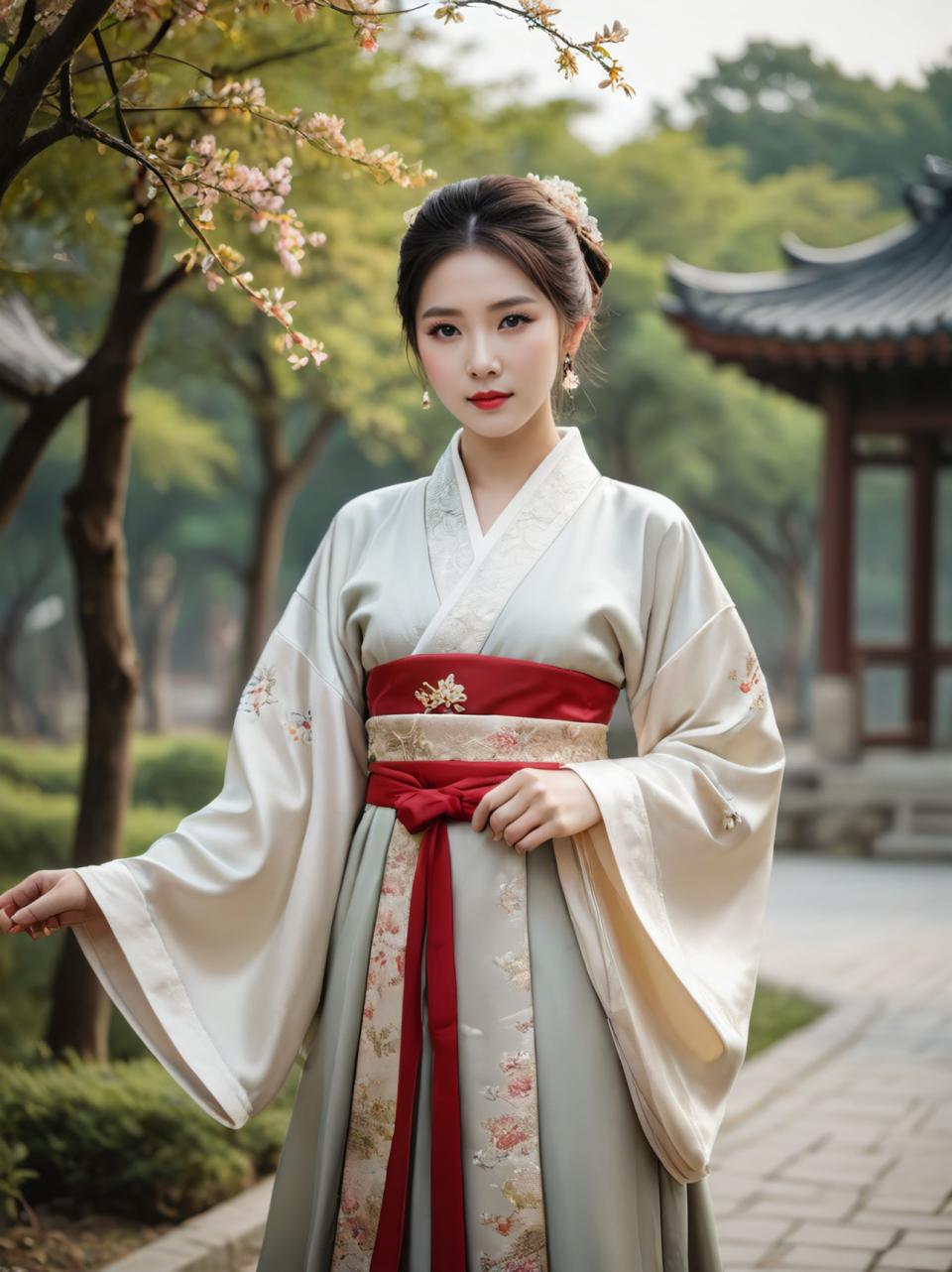 Face Swap, Chinese Hanfu, Photographic Art , People, woman, hanfu style, 1girl, solo, jewelry, earrings, tree, realistic, outdoors, black hair, chinese clothes, flower, looking at viewer, blurry, hair ornament, blurry background, hanfu, east asian architecture, standing, architecture, wide sleeves, sash, day, red lips, lips, hair flower