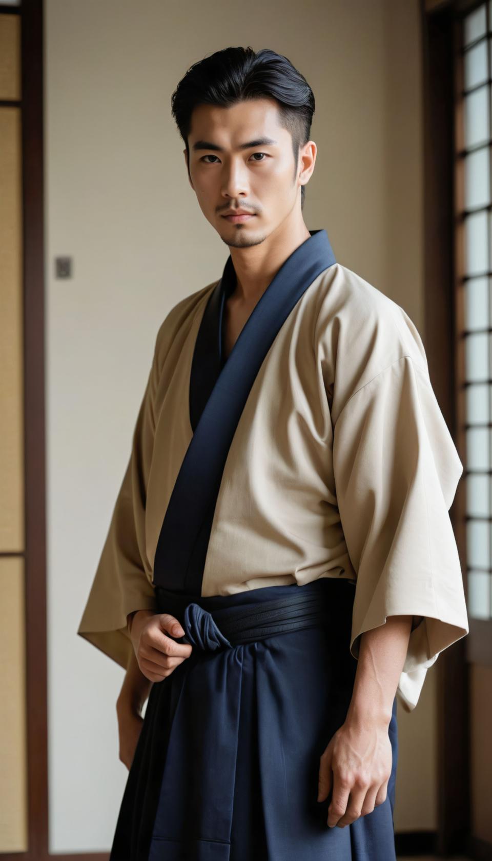 Intercambio de Rostro, Kimono japonés, Realismo fotográfico, Gente, hombre,kimono, solo, 1 chico, enfoque masculino, pelo negro, ropa japonesa, hakama azul, hakama, realista, mirando al espectador, dentro, de pie, kimono, pelo corto, borroso, falda hakama, puertas correderas, falda, boca cerrada, vello facial, tiro de vaquero, ojos negros, fondo borroso