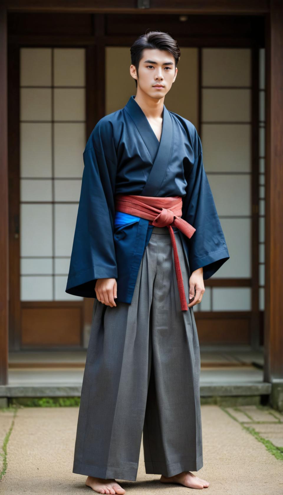 Face Swap, Japanese Kimono, Photographic Art , People, man, hakama kimono, 1boy, male focus, solo, black hair, barefoot, japanese clothes, standing, full body, looking at viewer, kimono, short hair, blurry, sliding doors, indoors, sash, blue kimono, tatami, long sleeves, blurry background, wide sleeves