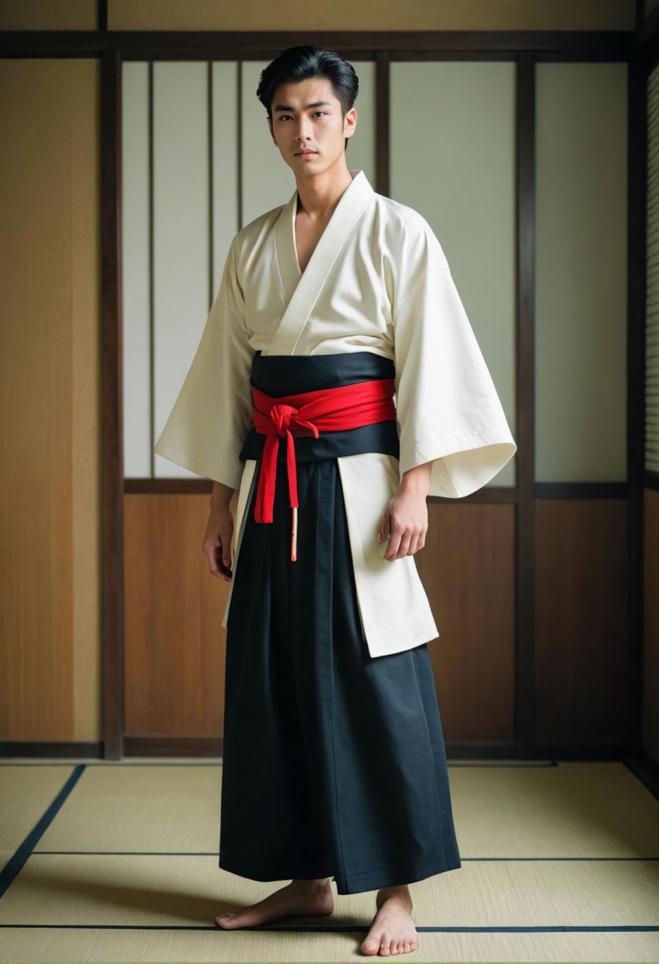 Face Swap, Japanese Kimono, Photographic Art , People, man, hakama kimono, 1boy, solo, male focus, barefoot, black hair, japanese clothes, standing, full body, indoors, dougi, realistic, looking at viewer, tatami, short hair, kimono, white kimono, hakama