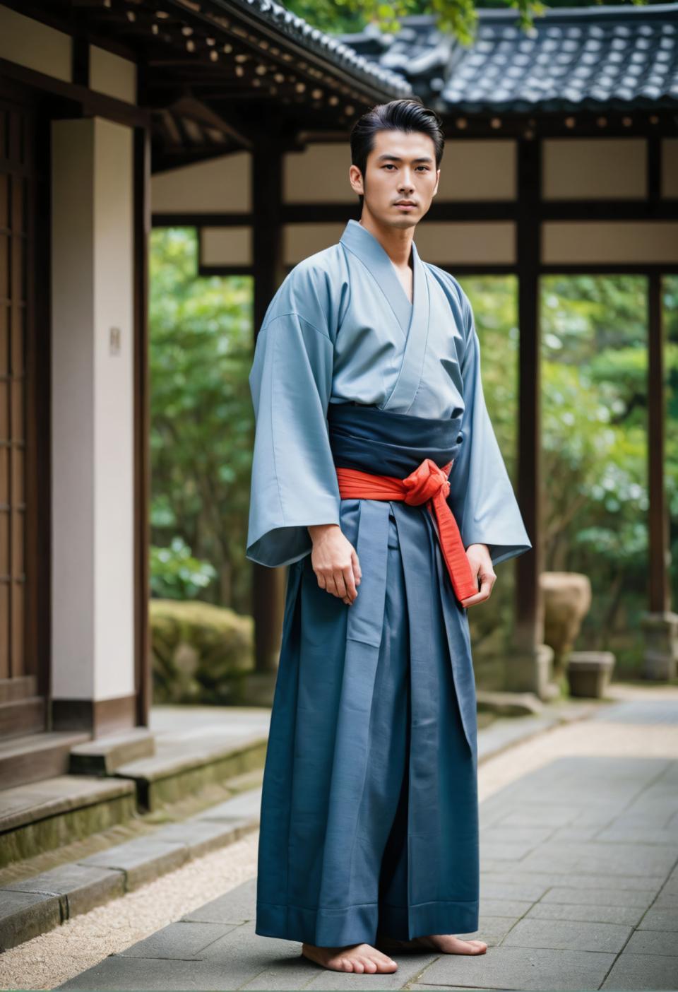 Face Swap, Japanese Kimono, Photographic Art , People, man, hakama kimono, 1boy, male focus, solo, barefoot, black hair, japanese clothes, facial hair, standing, full body, looking at viewer, outdoors, blurry, kimono, east asian architecture, architecture, tree, blurry background, short hair, hakama