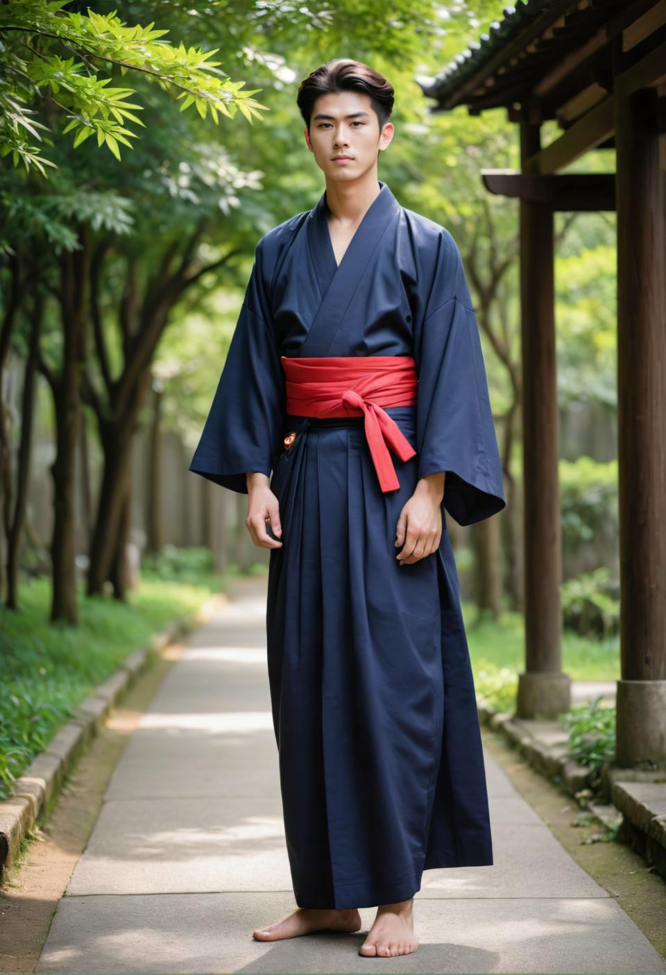 Face Swap, Japanese Kimono, Photographic Art , People, man, hakama kimono, 1boy, male focus, solo, japanese clothes, outdoors, kimono, tree, black hair, barefoot, standing, full body, looking at viewer, blue kimono, blurry, day, sash, realistic, blurry background, short hair