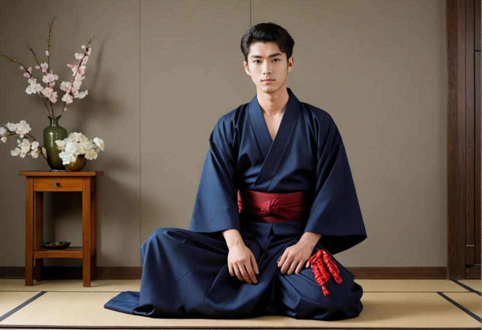 Photographic Art,Photographic Art , People, man, hakama kimono, 1boy, male focus, solo, sitting, black hair