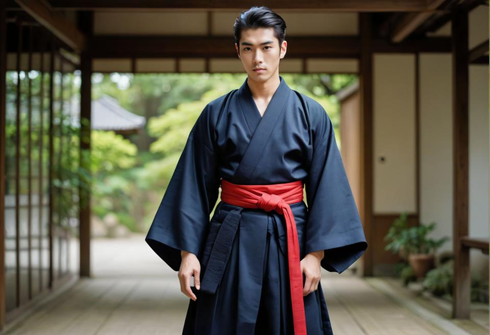 Face Swap, Japanese Kimono, Photographic Art , People, man, hakama kimono, 1boy, male focus, solo, black hair, japanese clothes, blurry, looking at viewer, kimono, blurry background, standing, blue kimono, short hair, indoors, sliding doors, east asian architecture