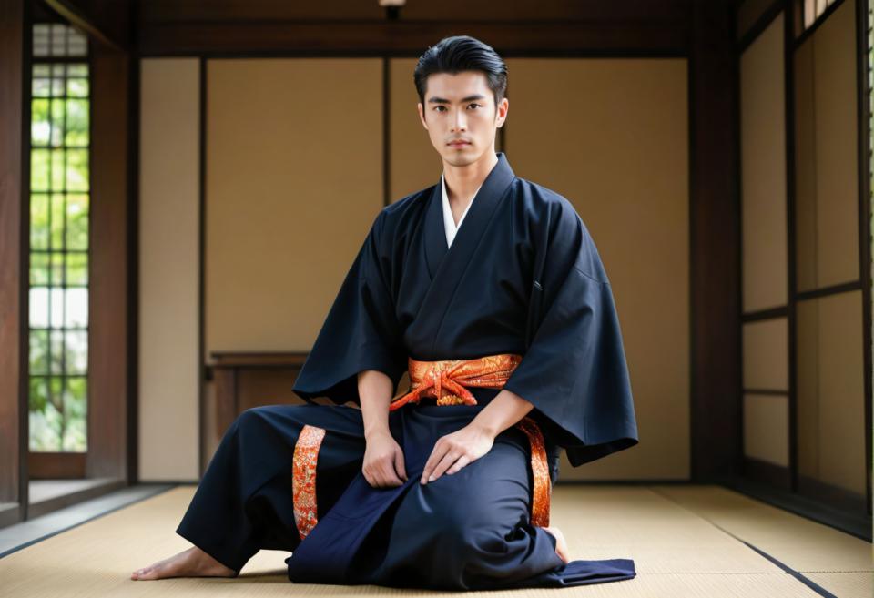 Face Swap, Japanese Kimono, Photographic Art , People, man, hakama kimono, 1boy, male focus, solo, black hair, japanese clothes, kimono, sitting, indoors, looking at viewer, tatami, facial hair, black kimono, barefoot, sliding doors, full body, short hair, seiza, realistic, hair slicked back