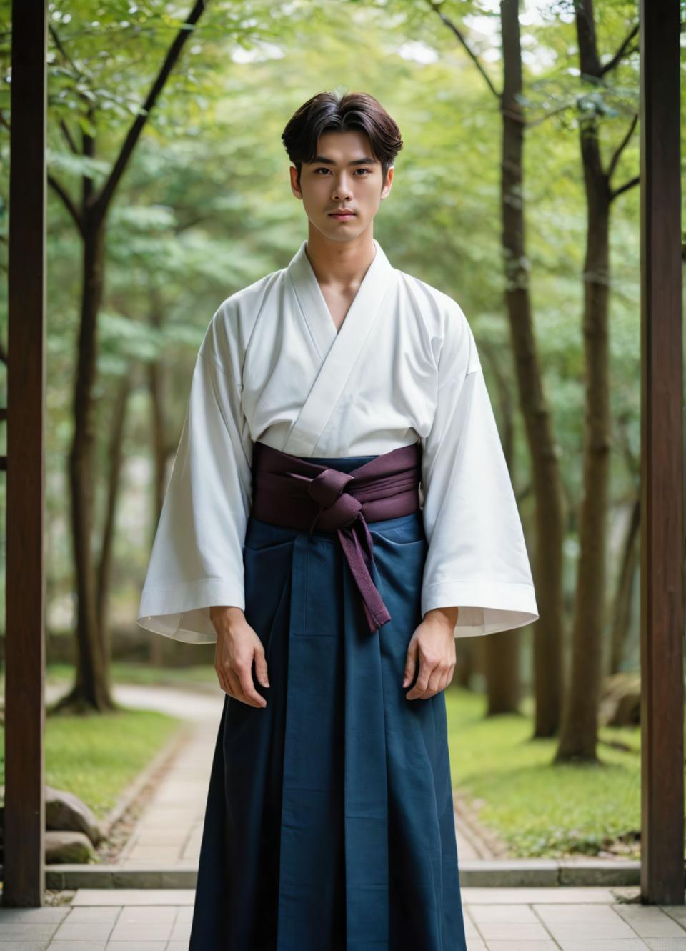 Face Swap, Japanese Kimono, Photographic Art , People, man, hakama kimono, solo, 1boy, male focus, tree, outdoors, realistic, japanese clothes, black hair, looking at viewer, standing, blurry, day, blurry background, short hair, hakama, kimono, skirt, long sleeves, wide sleeves