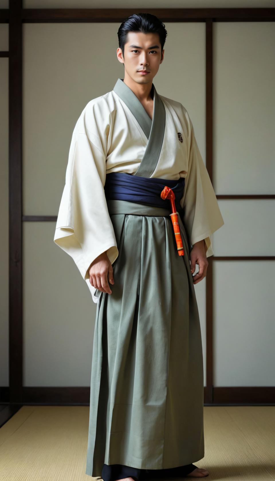 Face Swap, Japanese Kimono, Photographic Art , People, man, hakama kimono, solo, male focus, 1boy, black hair, japanese clothes, standing, full body, looking at viewer, hakama, indoors, realistic, kimono, barefoot, short hair, dougi, long sleeves, brown eyes, tatami, sash