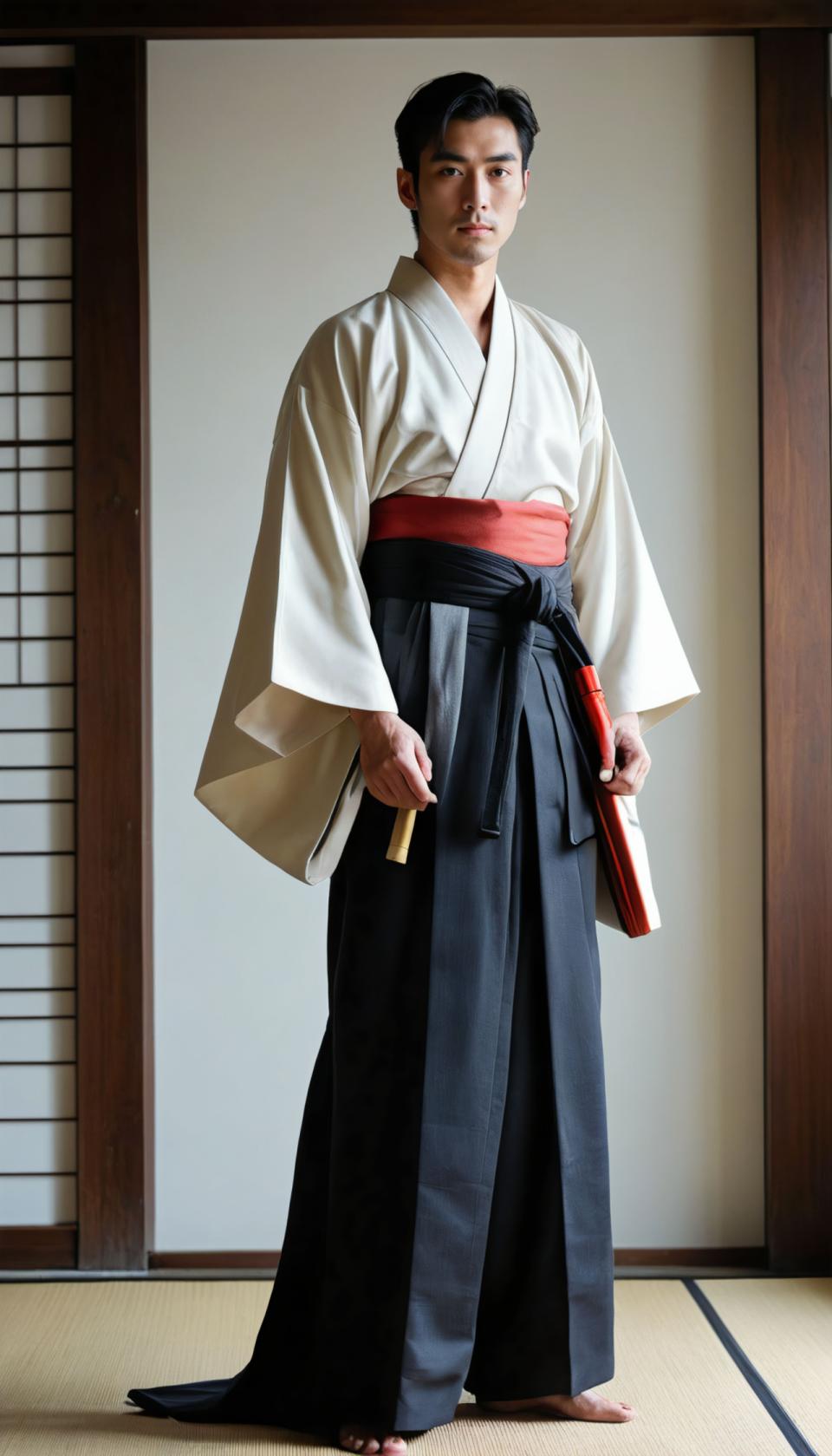 Face Swap, Japanese Kimono, Photographic Art , People, man, hakama kimono, 1boy, solo, male focus, japanese clothes, black hair, hakama, barefoot, hakama skirt, standing, realistic, tatami, full body, facial hair, kimono, haori, hand fan, skirt, looking at viewer, indoors