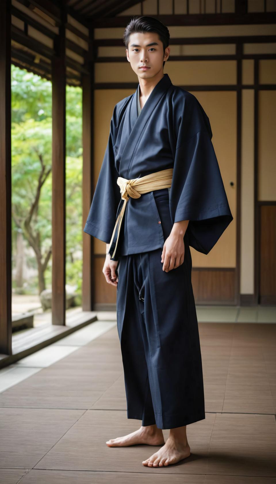 Photographic Art,Photographic Art , People, man, hakama kimono, 1boy, male focus, solo, barefoot