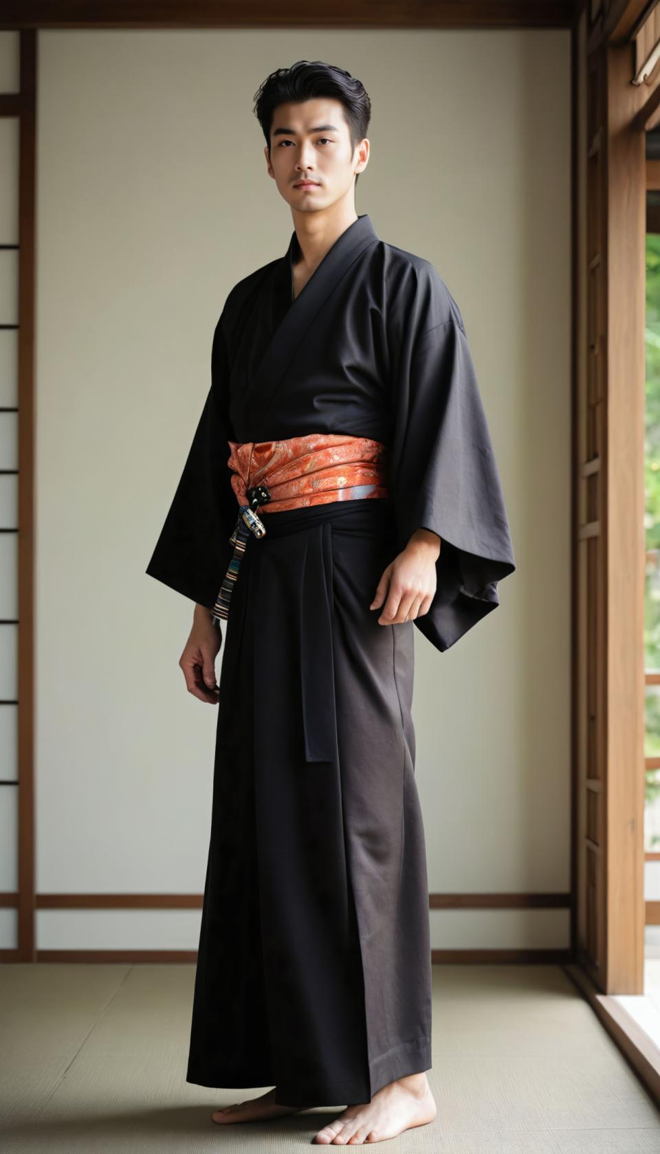 Face Swap, Japanese Kimono, Photographic Art , People, man, hakama kimono, 1boy, male focus, solo, japanese clothes, black hair, kimono, barefoot, black kimono, standing, full body, sliding doors, indoors, looking at viewer, sash, tatami, long sleeves, realistic, facial hair, short hair