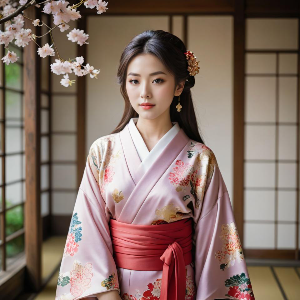 Intercambio de Rostro, Kimono japonés, Realismo fotográfico, Gente, mujer,kimono, 1 chica, solo, pelo largo, pelo negro, realista, pendientes, mirando al espectador, faja, joyas, estampado floral, ropa japonesa, kimono, kimono rosa, dentro, adorno para el cabello, flor, borroso, ojos negros, sonrisa, mangas largas, flores de cerezo, boca cerrada, ojos marrones, fondo borroso, labios