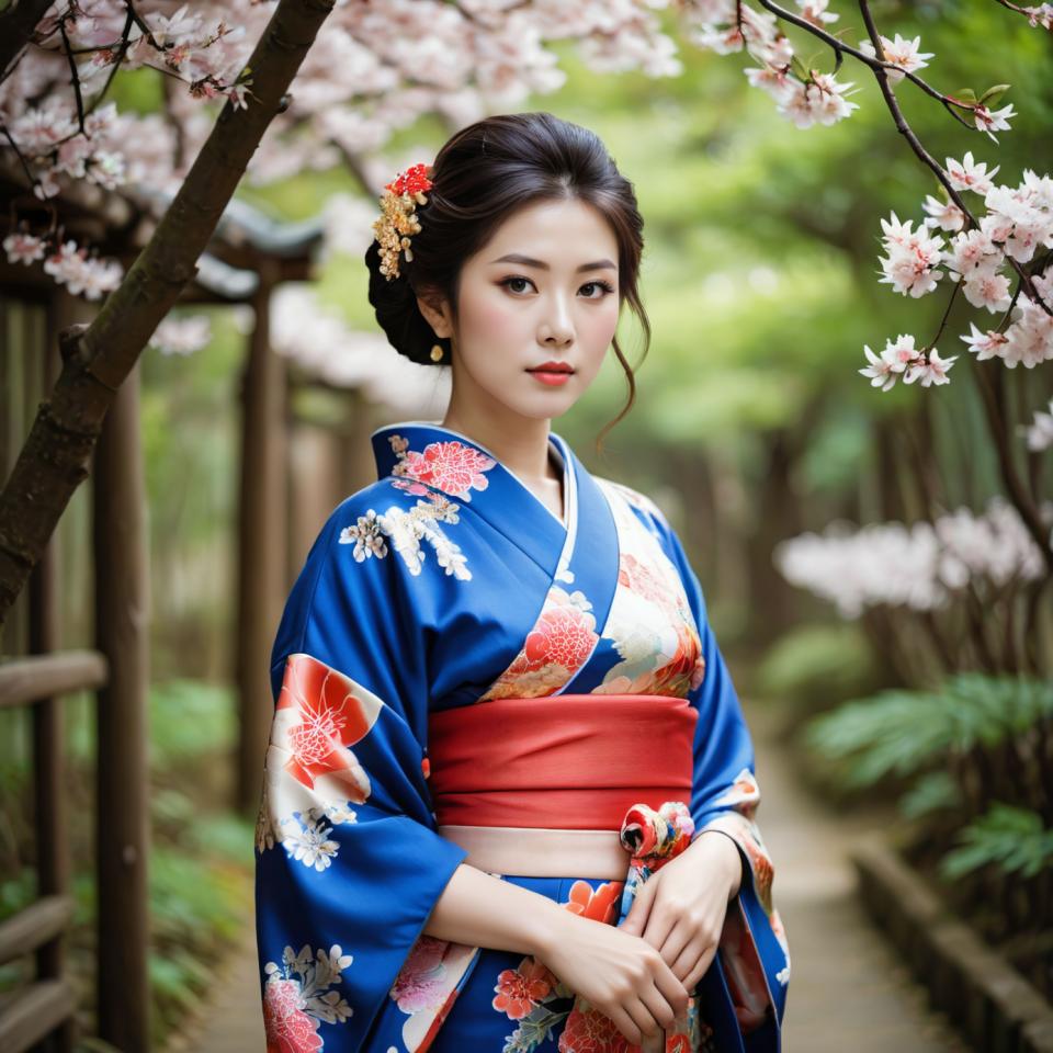 Échange de visage, Kimono japonais, Photoréalisme, Personnes, femme,kimono, 1fille, vêtements japonais, solo, kimono, cheveux noirs, ornement de cheveux, réaliste, fleur, bijoux, regarder le spectateur, fleurs de cerisier, ceinture, yeux marrons, boucles d'oreilles, obi, kimono bleu, en plein air, imprimé floral, flou, arbre, lèvres, fleur de cheveux, yeux noirs, arrière-plan flou