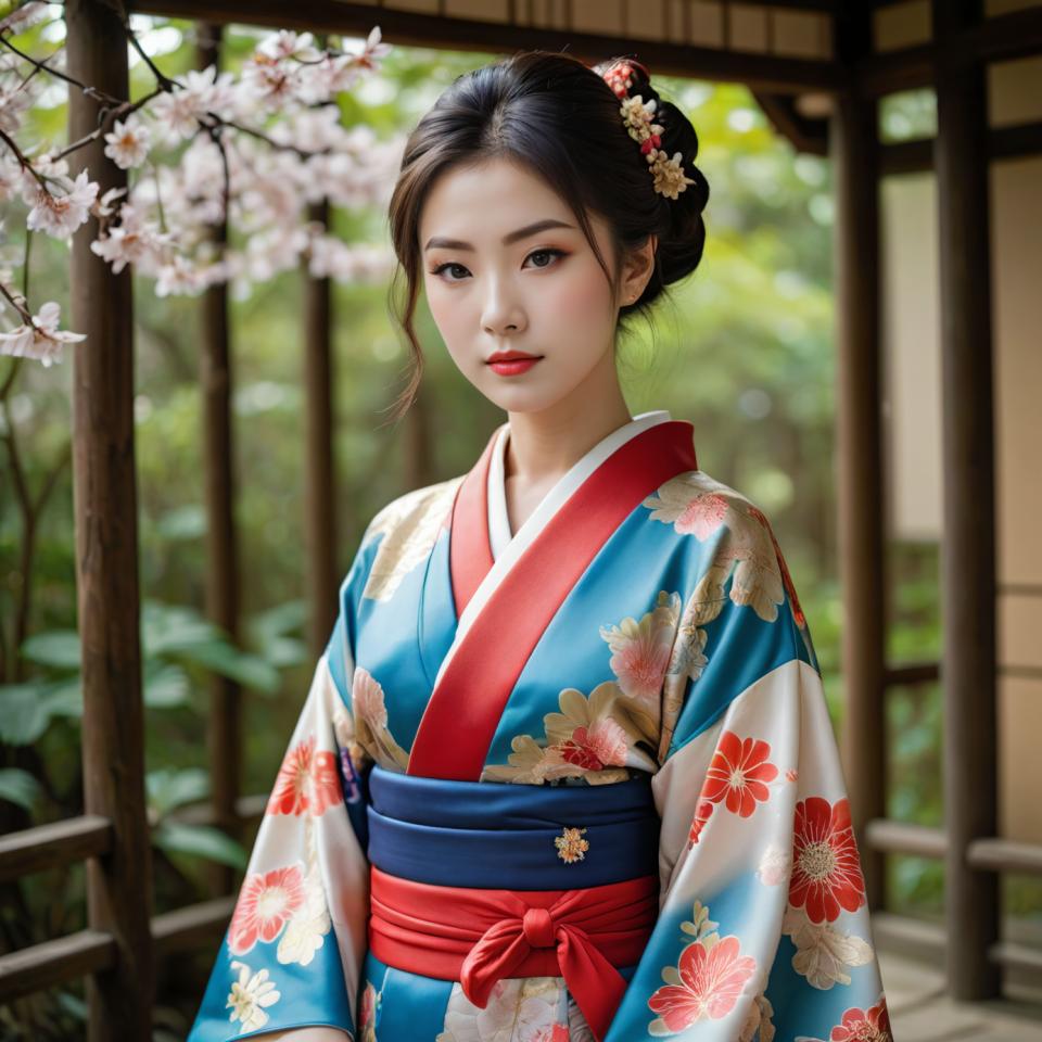 Face Swap, Japanese Kimono, Photographic Art , People, woman, kimono, 1girl, solo, japanese clothes, kimono, black hair, floral print, realistic, looking at viewer, hair ornament, sash, flower, blurry, lips, cherry blossoms, obi, outdoors, upper body, blue kimono, blurry background, black eyes, hair flower, red lips, single hair bun