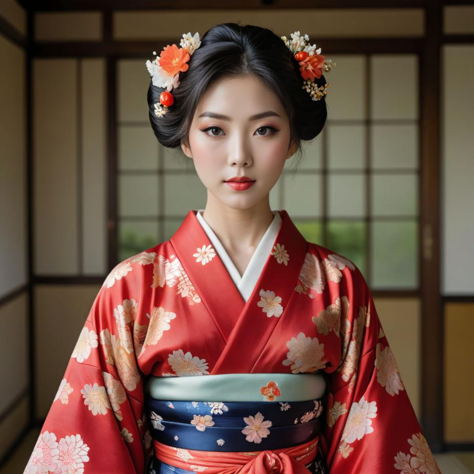 Face Swap, Japanese Kimono, Photographic Art , People, woman, kimono, 1girl, solo, japanese clothes, hair ornament, kimono, black hair, realistic, hair flower, red kimono, flower, looking at viewer, sash, floral print, lips, obi, red lips, black eyes, upper body, brown eyes, indoors, sliding doors, blurry