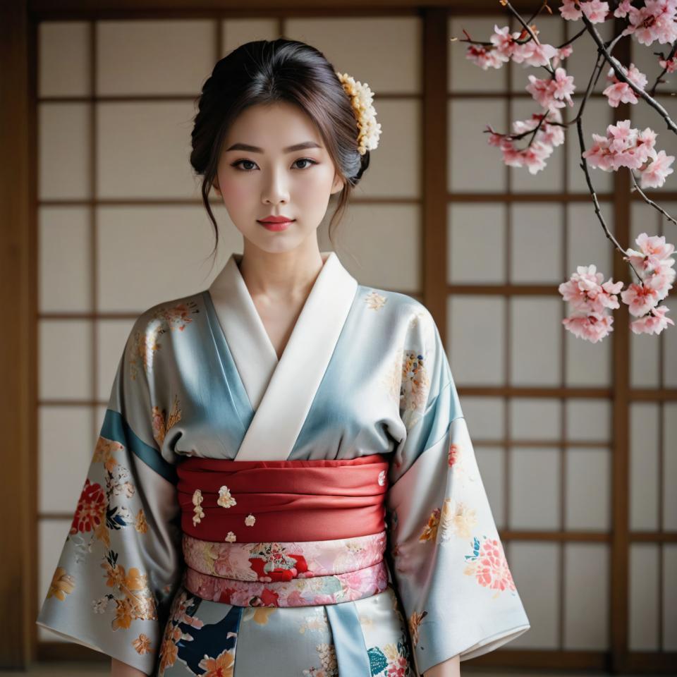 Face Swap, Japanese Kimono, Photographic Art , People, woman, kimono, 1girl, solo, japanese clothes, kimono, realistic, hair ornament, flower, black hair, looking at viewer, sash, lips, hair flower, cherry blossoms, obi, branch, red lips, floral print, closed mouth, sliding doors, indoors