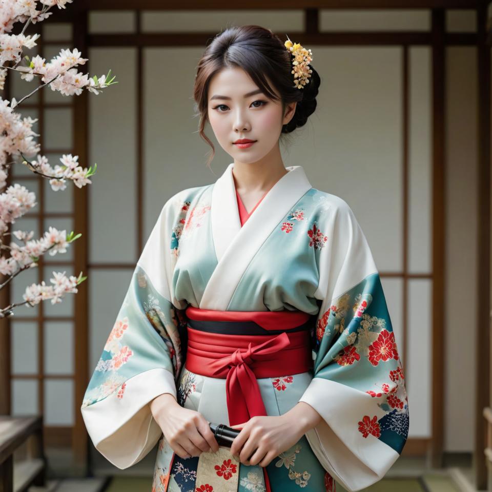 Intercambio de Rostro, Kimono japonés, Realismo fotográfico, Gente, mujer,kimono, 1 chica, realista, ropa japonesa, kimono, adorno para el cabello, flor, labios, mirando al espectador, estampado floral, solo, pelo negro, faja, flor del pelo, dentro, peine, tenencia, labios rojos, puertas correderas, flores de cerezo, ojos marrones, obi, borroso, ojos negros, tatami, de pie