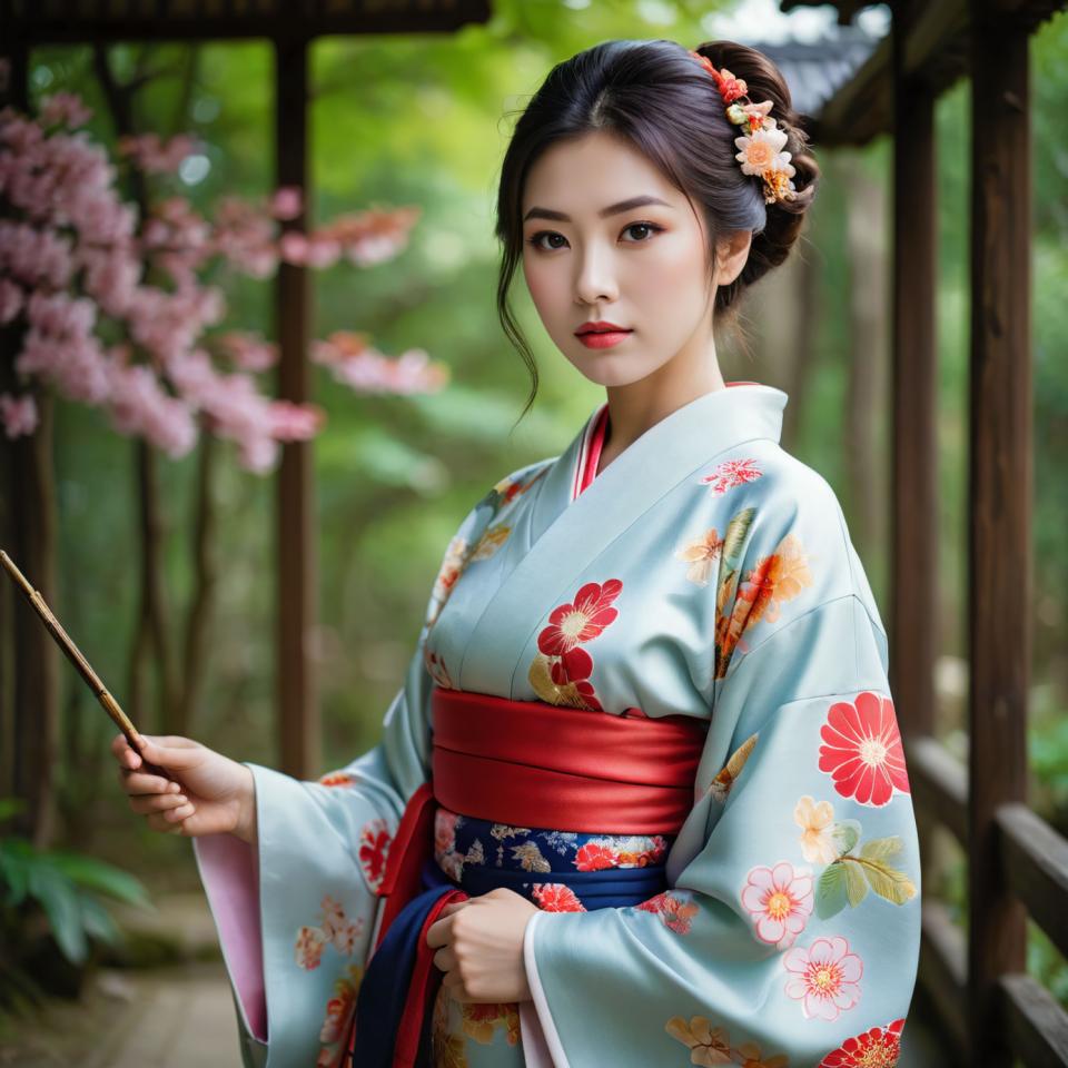 Face Swap, Japanese Kimono, Photographic Art , People, woman, kimono, 1girl, solo, realistic, japanese clothes, kimono, floral print, hair ornament, black hair, flower, looking at viewer, sash, blurry, hair flower, lips, brown eyes, outdoors, holding, obi, blurry background, wide sleeves, depth of field, cherry blossoms, day, upper body