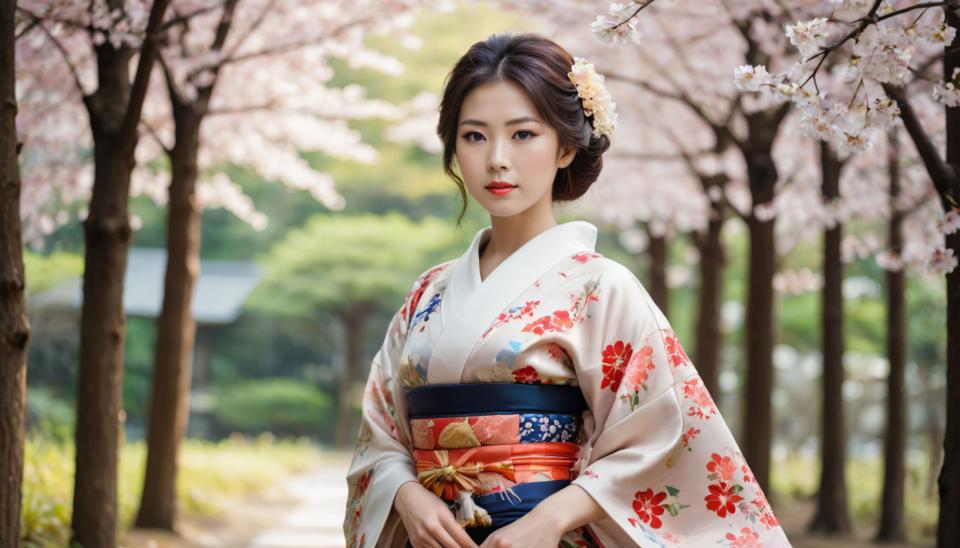 Face Swap, Japanese Kimono, Photographic Art , People, woman, kimono, 1girl, japanese clothes, solo, kimono, realistic, cherry blossoms, flower, hair ornament, floral print, tree, hair flower, black hair, sash, looking at viewer, outdoors, obi, blurry, lips, blurry background, brown eyes, brown hair