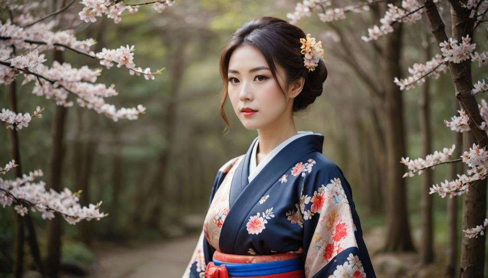 Face Swap, Japanese Kimono, Photographic Art , People, woman, kimono, 1girl, solo, japanese clothes, kimono, hair ornament, flower, realistic, hair flower, cherry blossoms, black hair, brown eyes, tree, floral print, lips, outdoors, sash, upper body, brown hair, looking at viewer, obi, blurry, blurry background