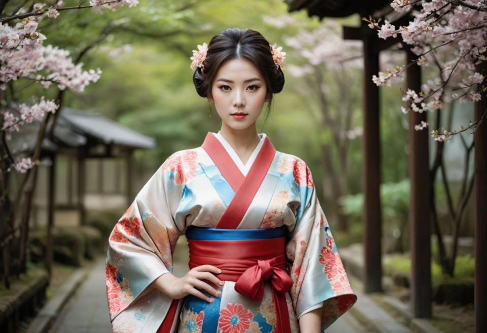 Échange de visage, Kimono japonais, Photoréalisme, Personnes, femme,kimono, 1fille, solo, réaliste, vêtements japonais, kimono, fleur, ornement de cheveux, fleur de cheveux, cheveux noirs, main sur la hanche, regarder le spectateur, en plein air, imprimé floral, fleurs de cerisier, ceinture, flou, yeux marrons, arrière-plan flou, yeux noirs, arbre, lèvres, jour, manches larges, fond de photo, obi