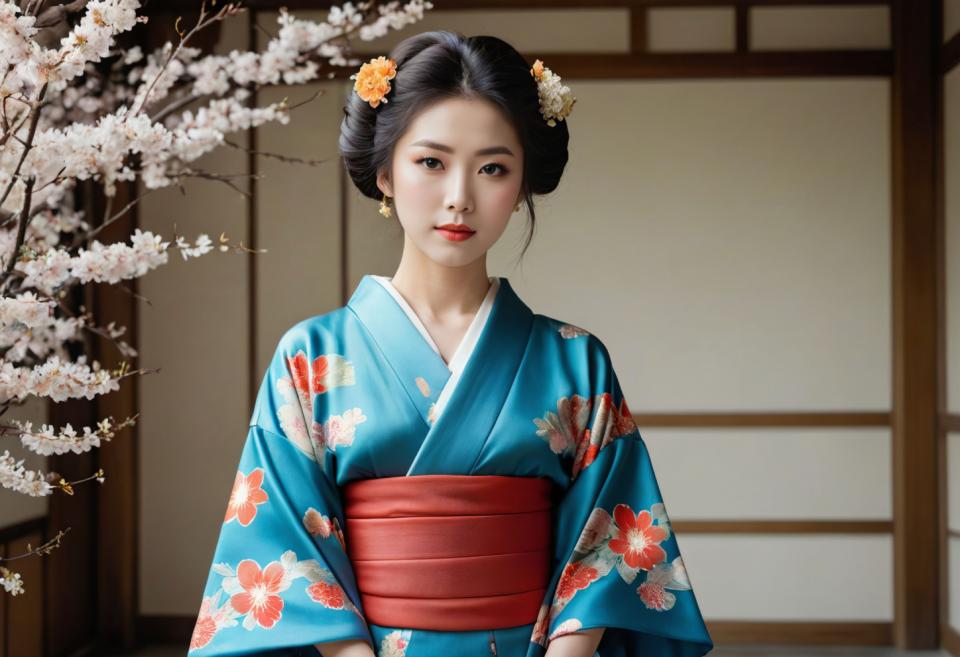 Face Swap, Japanese Kimono, Photographic Art , People, woman, kimono, 1girl, japanese clothes, solo, kimono, black hair, hair ornament, flower, looking at viewer, realistic, hair flower, sash, earrings, obi, blue kimono, jewelry, floral print, black eyes, lips, cherry blossoms, upper body, red lips, sliding doors