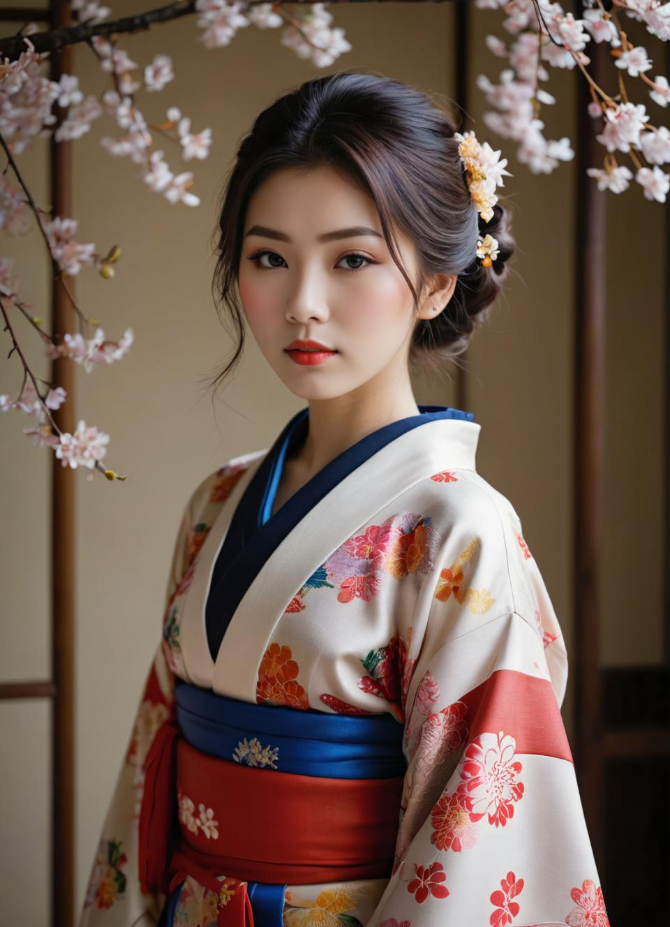 Face Swap, Japanese Kimono, Photographic Art , People, woman, kimono, 1girl, solo, realistic, japanese clothes, kimono, black hair, hair ornament, flower, red lips, looking at viewer, sash, lips, hair flower, cherry blossoms, floral print, obi, upper body, blurry, branch