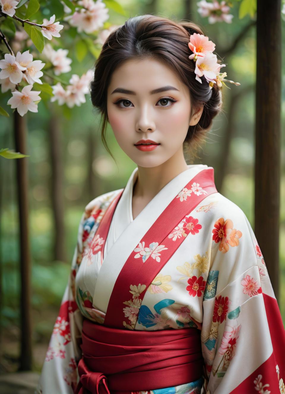 Face Swap, Japanese Kimono, Photographic Art , People, woman, kimono, 1girl, solo, realistic, hair ornament, japanese clothes, flower, hair flower, kimono, looking at viewer, lips, brown eyes, sash, blurry, upper body, floral print, blurry background, black hair, brown hair, black eyes, outdoors, red lips, obi