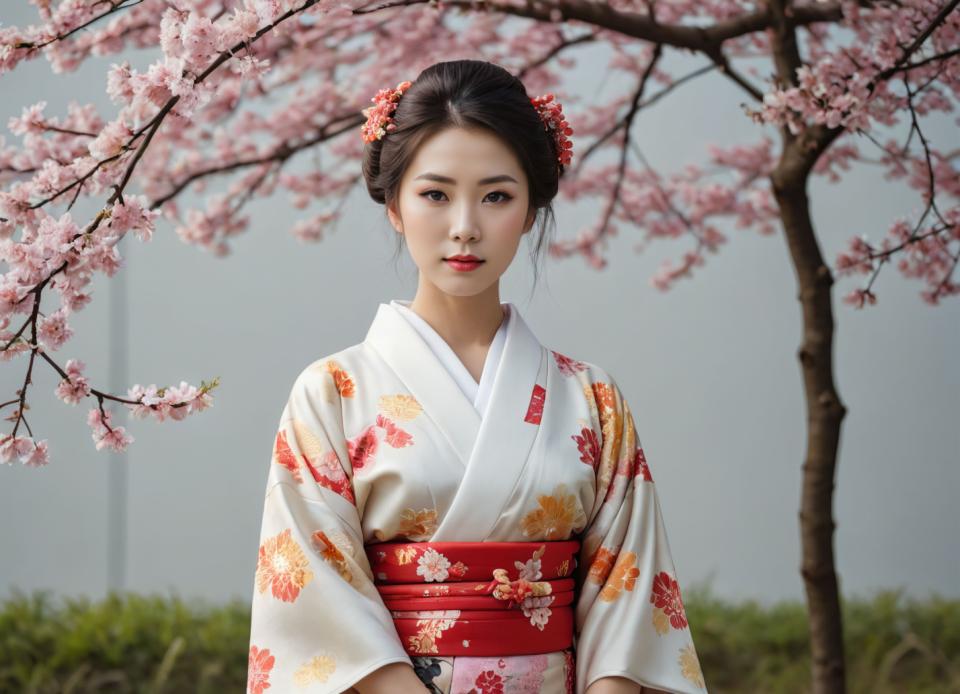 Face Swap, Japanese Kimono, Photographic Art , People, woman, kimono, 1girl, solo, realistic, japanese clothes, kimono, flower, hair ornament, cherry blossoms, looking at viewer, sash, hair flower, brown hair, brown eyes, tree, obi, outdoors, floral print, lips, blurry, red lips, white kimono, upper body, day