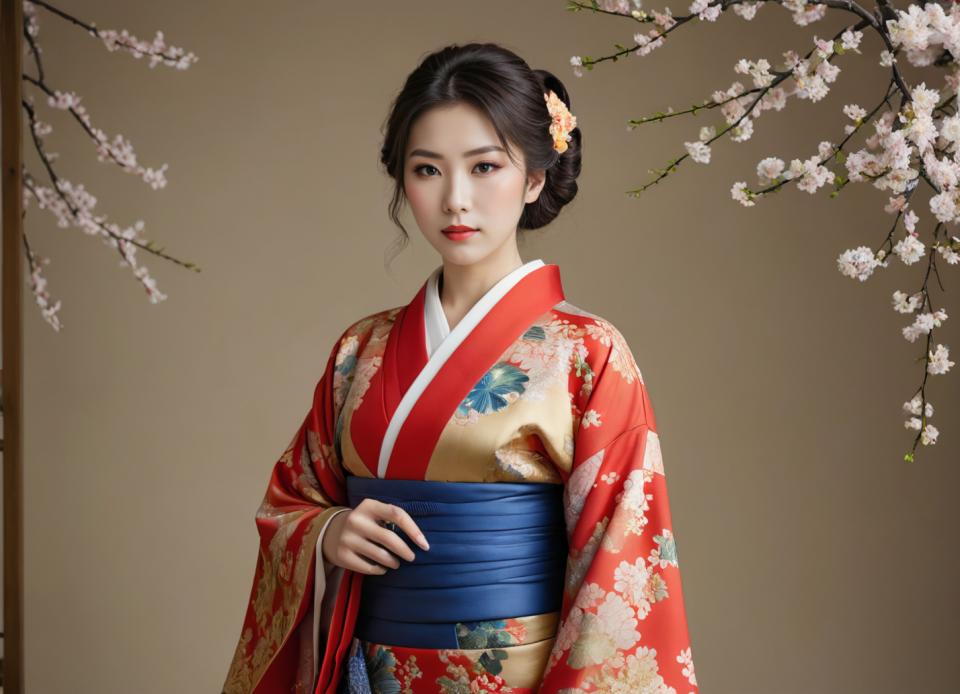 Face Swap, Japanese Kimono, Photographic Art , People, woman, kimono, 1girl, solo, realistic, japanese clothes, kimono, hair ornament, black hair, flower, sash, looking at viewer, floral print, red kimono, cherry blossoms, red lips, obi, lips, hair flower, upper body, black eyes