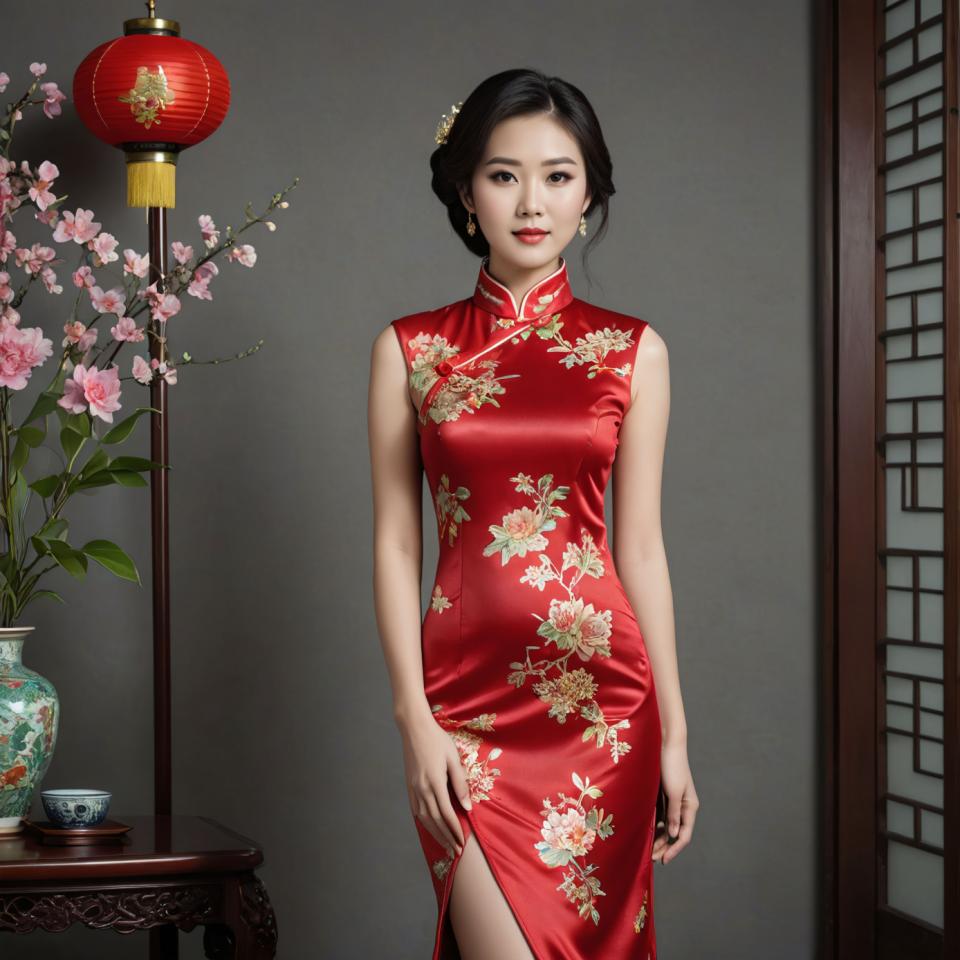 Arc Csere, Chinese Cheongsam, Photographic Art , People, woman, chinese cheongsam, 1girl, solo, dress, chinese clothes, china dress, black hair, earrings, jewelry, flower, vase, realistic, red dress, looking at viewer, hair ornament, floral print, table, lantern, black eyes, sleeveless, sleeveless dress, side slit, brown eyes, standing