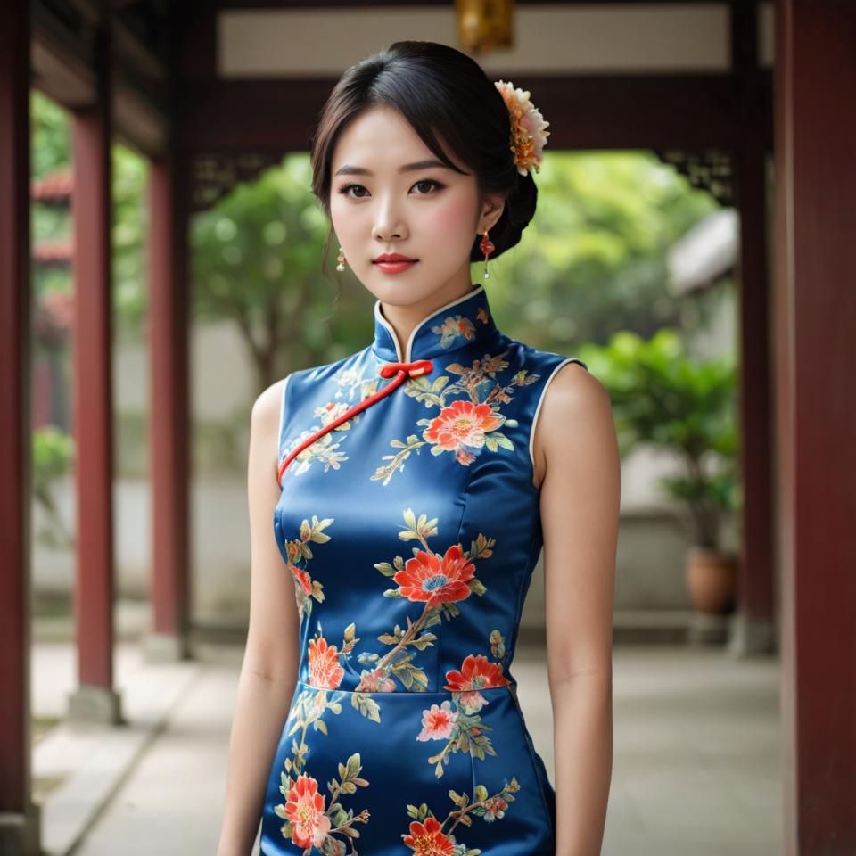 Arc Csere, Chinese Cheongsam, Photographic Art , People, woman, chinese cheongsam, 1girl, solo, dress, chinese clothes, jewelry, earrings, china dress, black hair, flower, hair ornament, blurry background, looking at viewer, hair flower, blurry, floral print, sleeveless, brown eyes, blue dress, sleeveless dress, short hair, realistic, hair bun, outdoors, lips, breasts