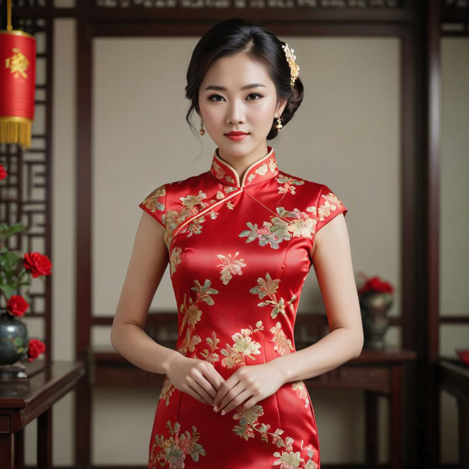 Intercambio de Rostro, cheongsam chino, Realismo fotográfico, Gente, mujer,cheongsam chino, 1 chica, solo, vestido, ropa china, pendientes, joyas, pelo negro, flor, florero, vestido chino, mirando al espectador, vestido rojo, moño de pelo, realista, estampado floral, labios rojos, adorno para el cabello, borroso, mesa, dentro, ojos negros, flor roja, rosa