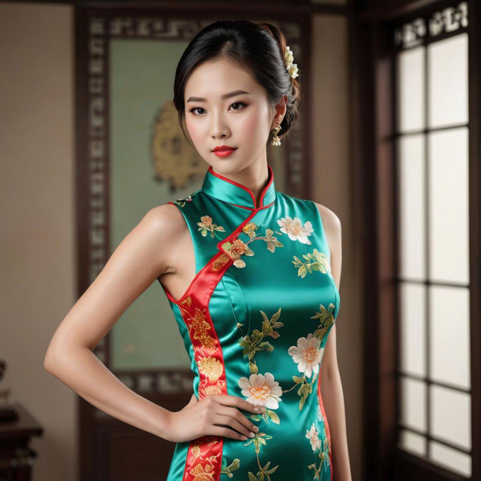 Arc Csere, Chinese Cheongsam, Photographic Art , People, woman, chinese cheongsam, 1girl, chinese clothes, solo, dress, china dress, black hair, earrings, jewelry, hand on hip, floral print, looking at viewer, indoors, sleeveless, realistic, hair ornament, green dress, brown eyes, breasts, sleeveless dress, flower, blurry, lips, black eyes