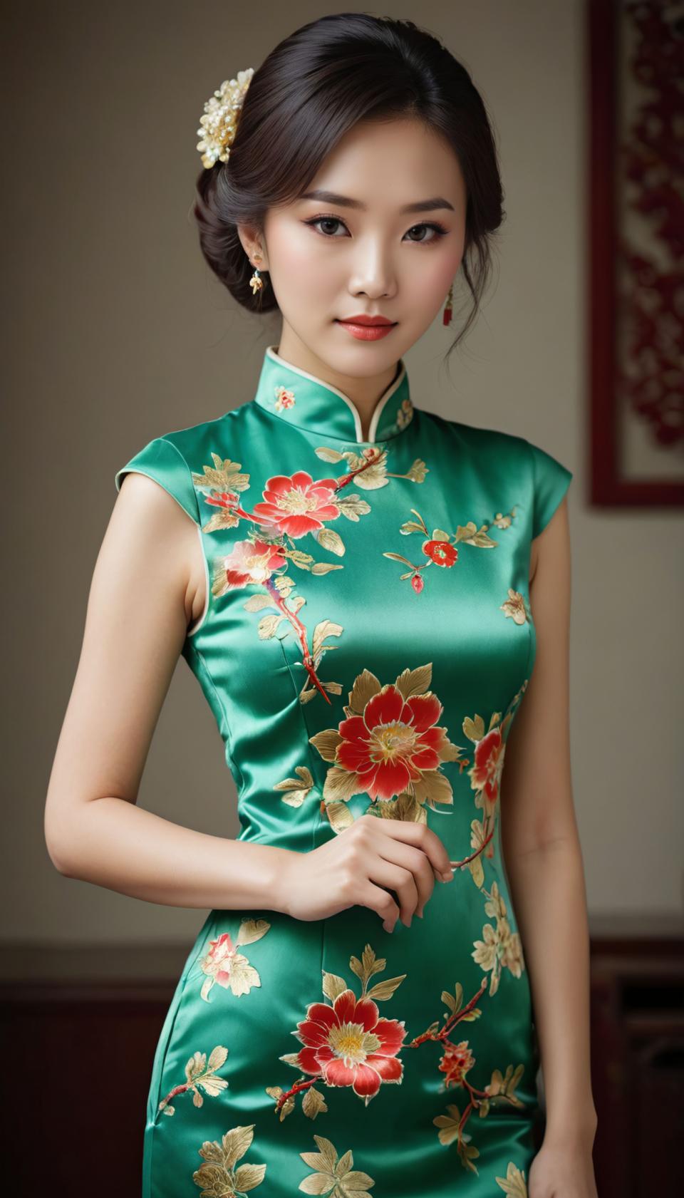 Arc Csere, Chinese Cheongsam, Photographic Art , People, woman, chinese cheongsam, 1girl, solo, dress, chinese clothes, earrings, jewelry, china dress, floral print, black hair, hair ornament, realistic, looking at viewer, green dress, flower, hair flower, sleeveless, indoors, brown eyes, breasts, lips, blurry background, sleeveless dress