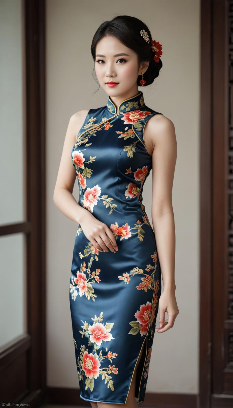 Arc Csere, Chinese Cheongsam, Photographic Art , People, woman, chinese cheongsam, 1girl, solo, dress, chinese clothes, china dress, black hair, earrings, floral print, hair ornament, jewelry, realistic, flower, looking at viewer, sleeveless, hair flower, lips, black eyes, blue dress