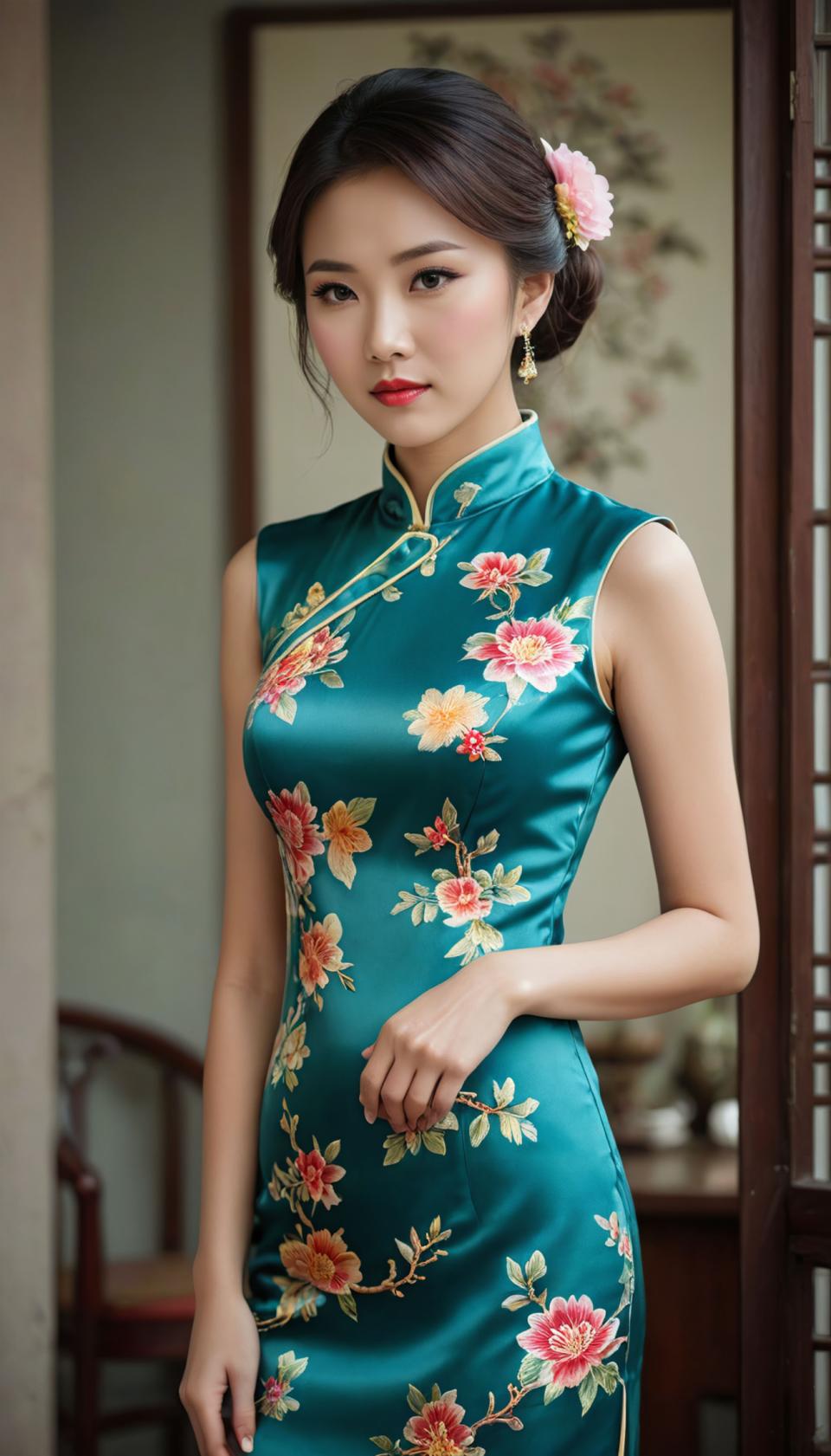 Arc Csere, Chinese Cheongsam, Photographic Art , People, woman, chinese cheongsam, 1girl, solo, dress, chinese clothes, china dress, earrings, jewelry, floral print, hair ornament, black hair, flower, hair flower, realistic, brown eyes, looking at viewer, sleeveless, indoors, sleeveless dress, hair bun, lips, blurry