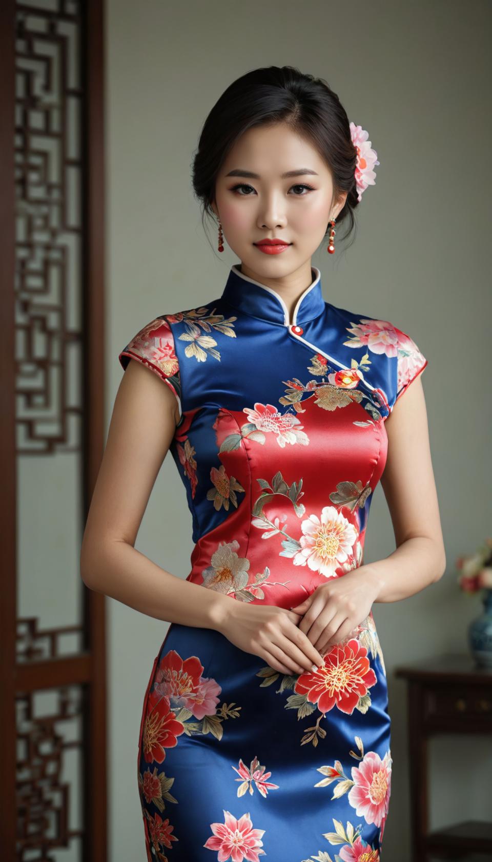 Arc Csere, Chinese Cheongsam, Photographic Art , People, woman, chinese cheongsam, 1girl, solo, dress, chinese clothes, earrings, jewelry, black hair, china dress, flower, hair ornament, hair flower, floral print, looking at viewer, short hair, realistic, red lips, own hands together, brown eyes, blurry