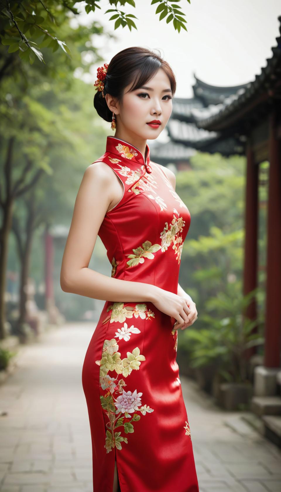 Arc Csere, Chinese Cheongsam, Photographic Art , People, woman, chinese cheongsam, 1girl, solo, dress, chinese clothes, china dress, jewelry, earrings, outdoors, red dress, sleeveless dress, sleeveless, black hair, floral print, blurry, hair bun, blurry background, hair ornament, tree, day, brown eyes, architecture, east asian architecture, standing, realistic, black eyes, short hair, flower, side slit, breasts, single hair bun, brown hair, looking at viewer, lips