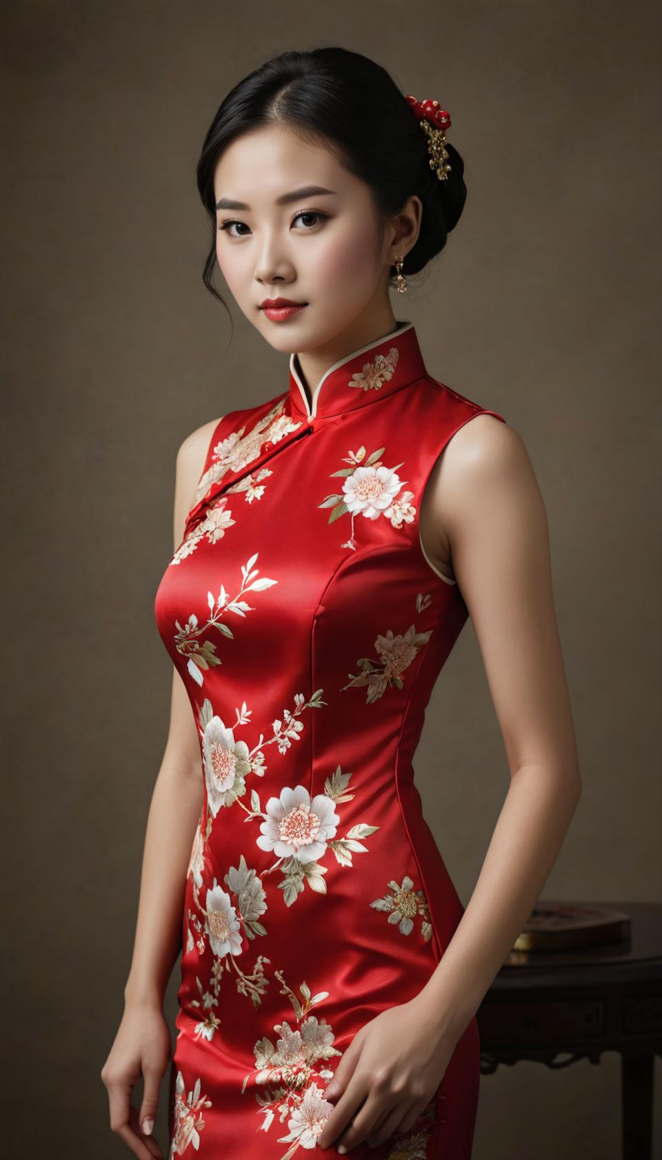 Intercambio de Rostro, cheongsam chino, Realismo fotográfico, Gente, mujer,cheongsam chino, 1 chica, solo, vestido, ropa china, pelo negro, vestido chino, pendientes, joyas, realista, ojos marrones, adorno para el cabello, estampado floral, mirando al espectador, mesa, sin mangas, labios, pelo corto