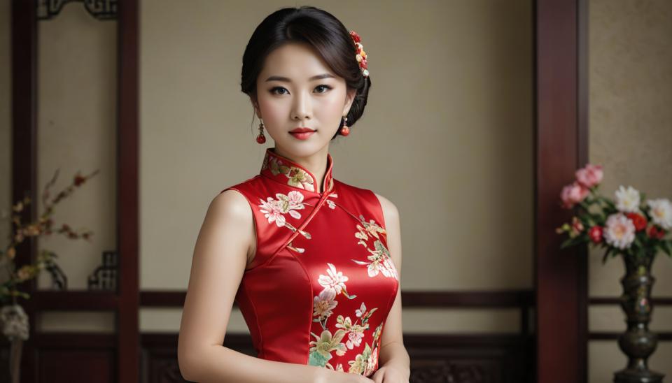 Intercambio de Rostro, cheongsam chino, Realismo fotográfico, Gente, mujer,cheongsam chino, 1 chica, solo, vestido, joyas, ropa china, pendientes, pelo negro, flor, vestido chino, adorno para el cabello, vestido rojo, realista, mirando al espectador, sin mangas, parte superior del cuerpo, dentro, pelo corto, borroso, vestido sin mangas, florero, ojos negros, flor del pelo