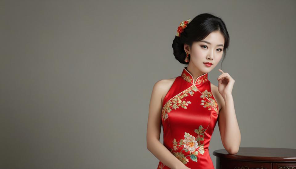 Intercambio de Rostro, cheongsam chino, Realismo fotográfico, Gente, mujer,cheongsam chino, 1 chica, solo, vestido, ropa china, pelo negro, pendientes, vestido chino, joyas, adorno para el cabello, realista, vestido rojo, mirando al espectador, sin mangas, estampado floral, fondo gris, flor del pelo