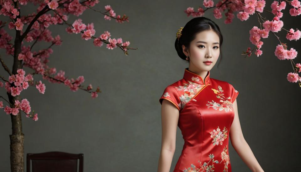 Arc Csere, Chinese Cheongsam, Photographic Art , People, woman, chinese cheongsam, 1girl, solo, chinese clothes, dress, black hair, china dress, flower, earrings, jewelry, realistic, upper body, looking at viewer, floral print, hair ornament, short sleeves, black eyes, cherry blossoms, red dress, branch, lips