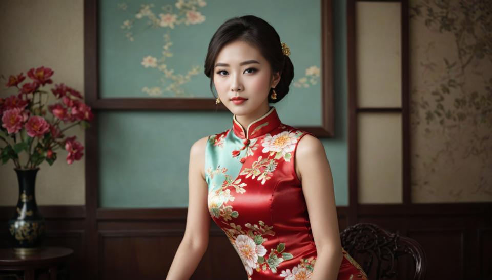 Arc Csere, Chinese Cheongsam, Photographic Art , People, woman, chinese cheongsam, 1girl, vase, dress, chinese clothes, solo, jewelry, earrings, flower, china dress, black hair, looking at viewer, red dress, realistic, sleeveless, chair, floral print, table, sleeveless dress, indoors, breasts, hair bun, upper body, short hair, brown eyes, black eyes, lips