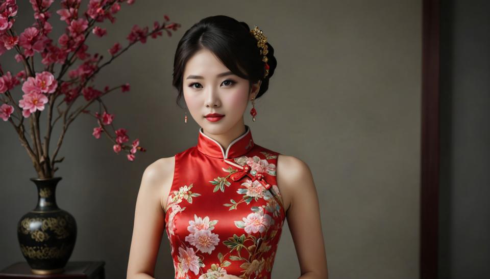 Arc Csere, Chinese Cheongsam, Photographic Art , People, woman, chinese cheongsam, 1girl, solo, dress, jewelry, chinese clothes, earrings, black hair, realistic, china dress, flower, vase, upper body, looking at viewer, floral print, short hair, branch, sleeveless, black eyes, hair ornament, bare shoulders, lips, red lips, sleeveless dress